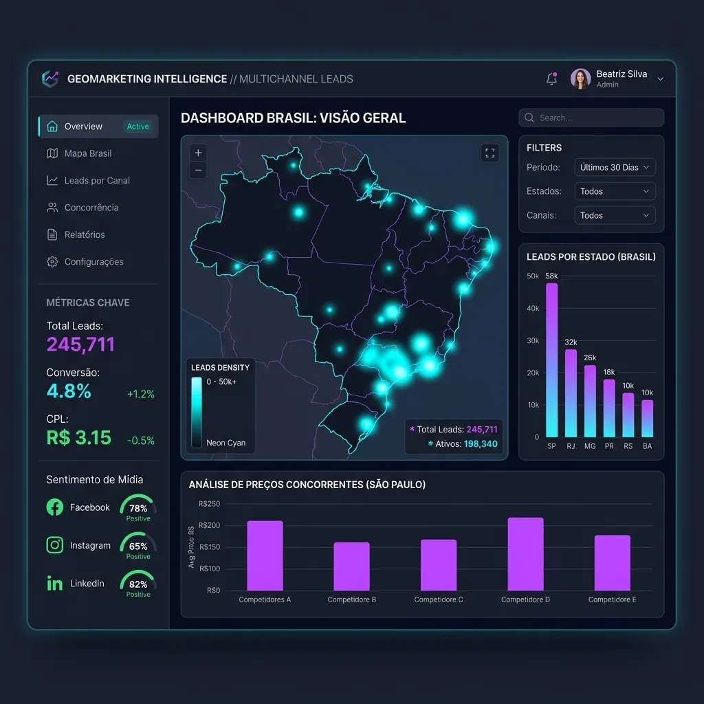 Painel de geomarketing mostrando a localização dos leads mapeados, o score logístico de oportunidades e o painel de distribuição comercial do Radar 2.0