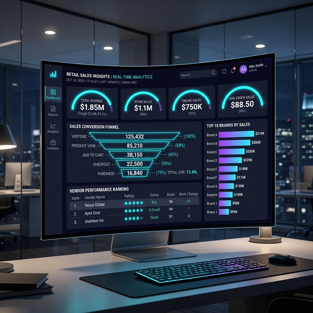 Dashboard de BI mostrando funil de vendas, gauges de meta de vendas e ranking de performance de vendedores em tempo real com visual dark mode premium