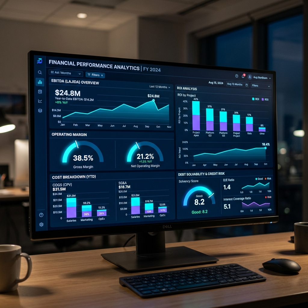 Dashboard de DRE automatizado mostrando demonstrativo de resultado estruturado com filtros por período, centro de custo e comparativo de metas financeiras