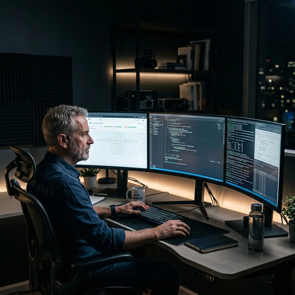 Engenheiro de dados em frente a monitores com códigos Python de pipeline de ETL, liderança técnica de Agnaldo Ribeiro das Neves.
